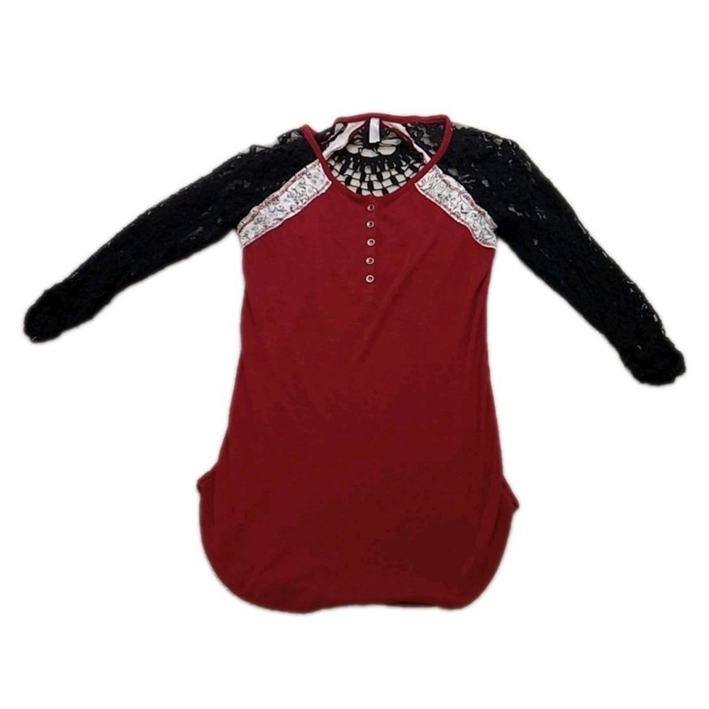 Vanity Boho Top Shirt Crochet Lace 3/4 Sleeve Red/black XSmall Preppy Y2k Style